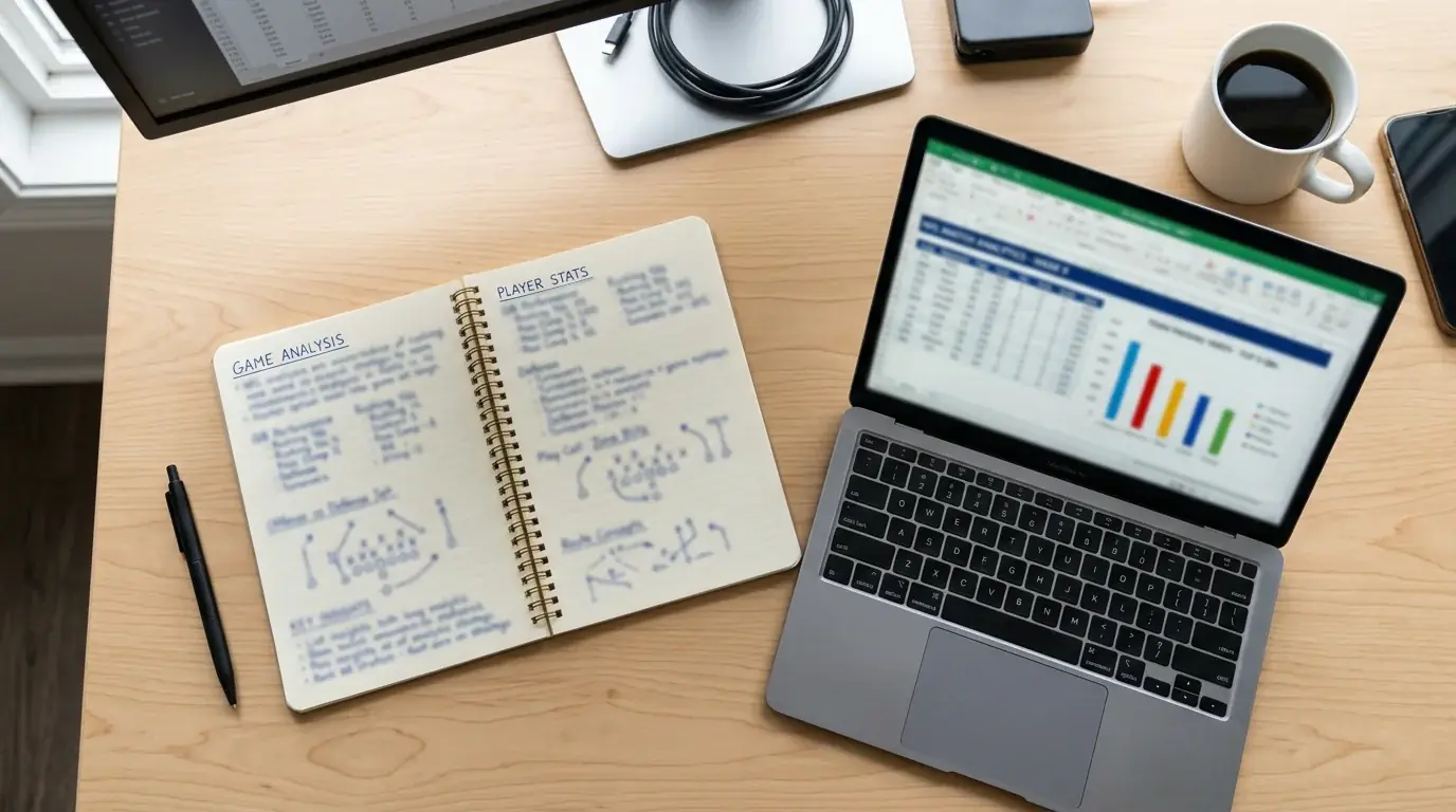 Notebook with handwritten NFL matchup notes next to a laptop showing player statistics