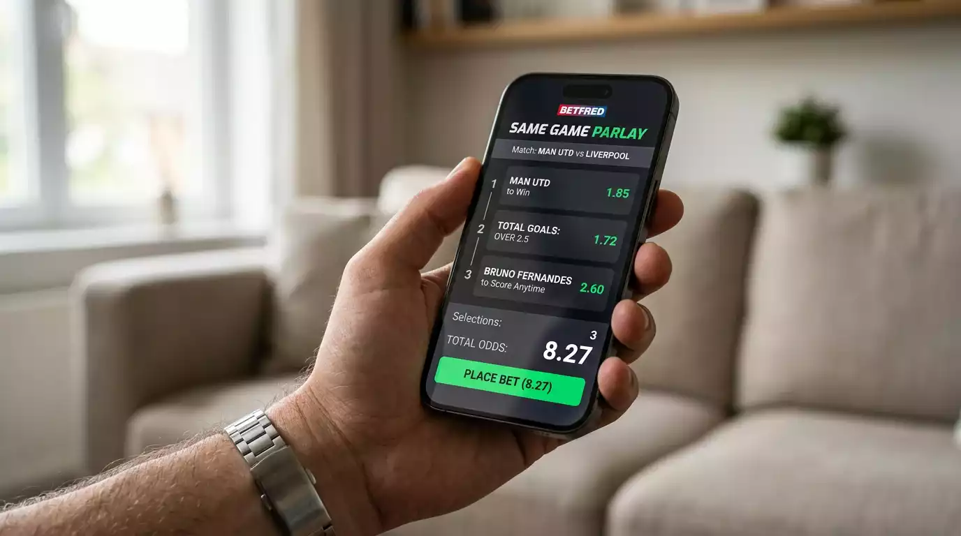 Close-up of a mobile phone displaying a same-game parlay bet slip with multiple NFL player prop legs
