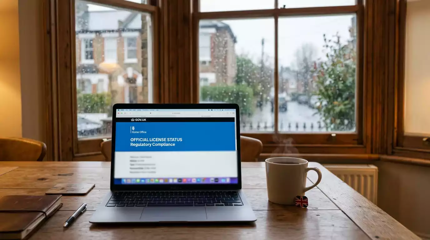 UK Gambling Commission logo on a laptop screen next to a cup of tea in a British home setting